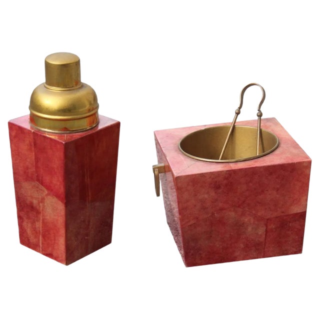 Brass & Goatskin Ice Box and Pitcher by Aldo Tura, 1950s, Set of 2 For Sale
