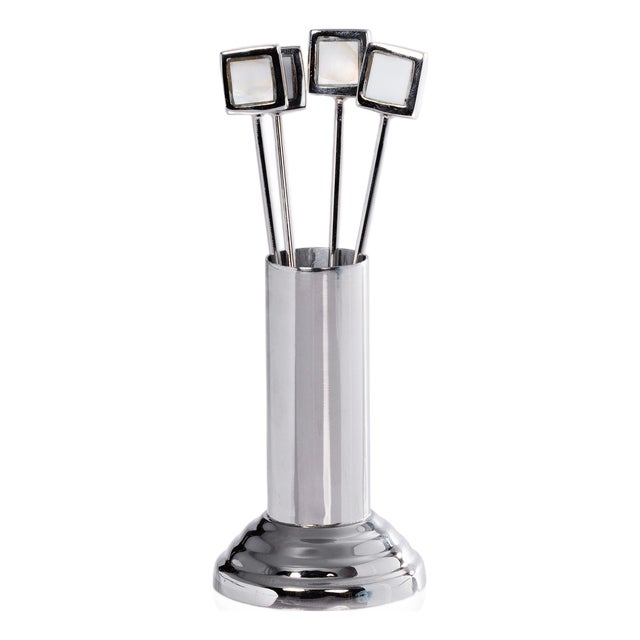 Spiga 4-Piece Set Cocktail Picks with Stand- Nickel For Sale