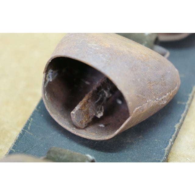 Metal Antique Swiss Forged Iron Graduated Cow Sleigh Bells on Leather Strap 23" For Sale - Image 7 of 13