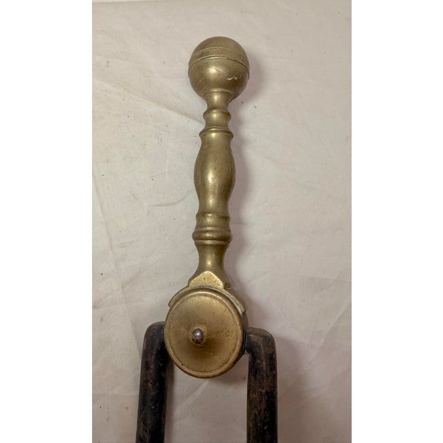 Brass Antique 18th Century Wrought Iron Turned Brass English Fireplace Tongs Tool 4 For Sale - Image 8 of 9