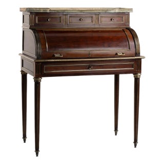 19th Century Louis XVI Cylinder Desk With Marble Top & Brass Accents For Sale