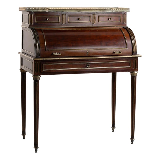 19th Century Louis XVI Cylinder Desk With Marble Top & Brass Accents For Sale