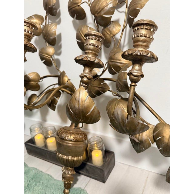 Large Vintage Gold Metal Leaf 7-Candle Wall Candelabra For Sale - Image 13 of 14