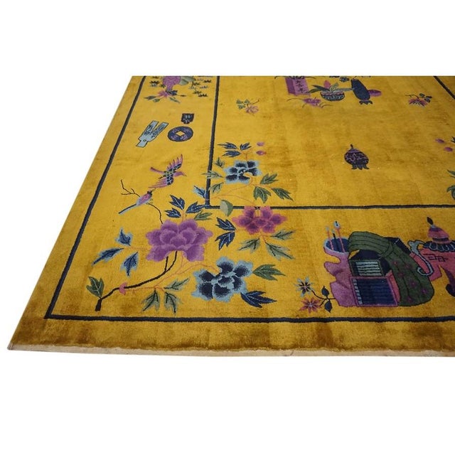 Art Deco 1920s Bold Yellow Floral Modernist Antique Chinese Art Deco Knotted Rug Carpet For Sale - Image 3 of 9