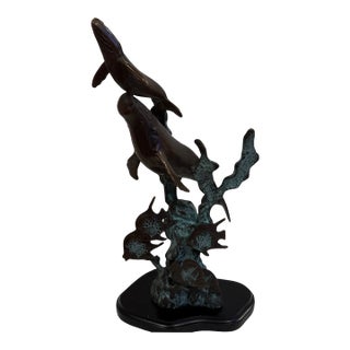 1980s Spi Solid Brass Sculpture of a Humpback Whale & Calf Beautiful Bronze Patina 13" For Sale