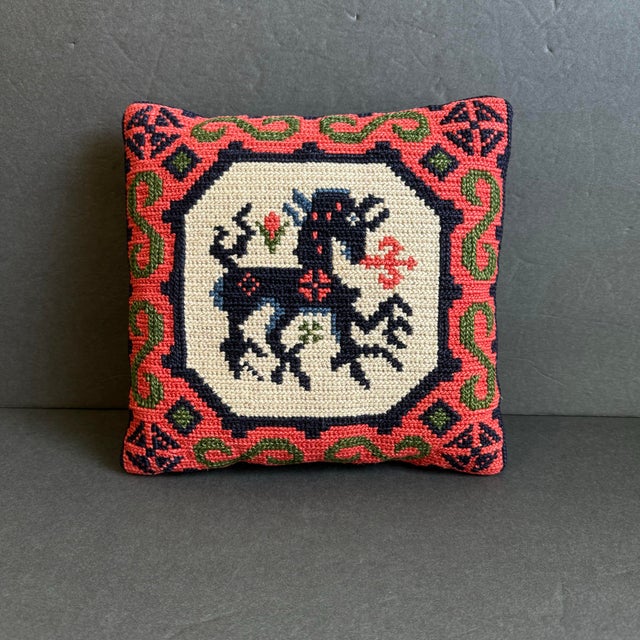 Vintage Swedish Backahsten Horse Accent Pillow Handmade Needlepoint Embroidered For Sale - Image 10 of 10
