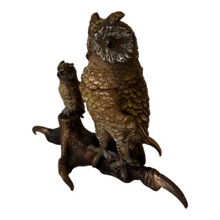 Cold Painted Vienna Bronze Inkwell, 2 Owls, Mother and Baby, Circa 1910 For Sale