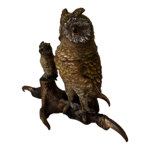 Cold Painted Vienna Bronze Inkwell, 2 Owls, Mother and Baby, Circa 1910