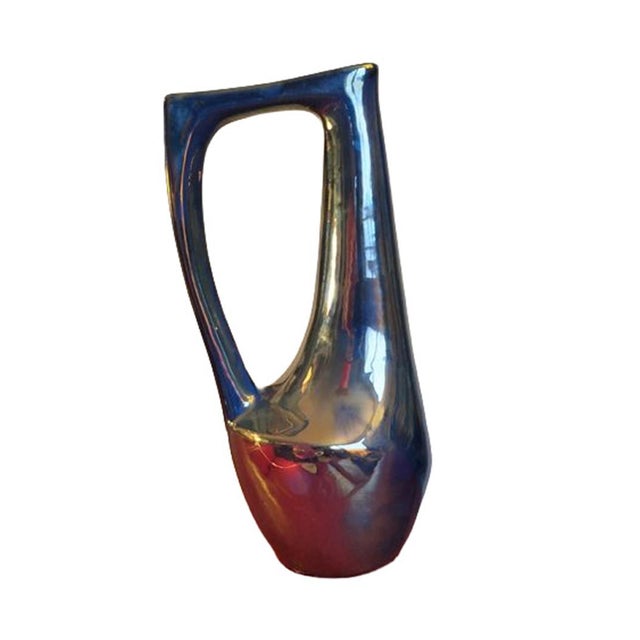 Sculptural Free-Form Iridescent Ceramic Pitcher by Rambervillers, Attributed to A. Cytere (31 cm / 12.2 in), Metallic Blue...