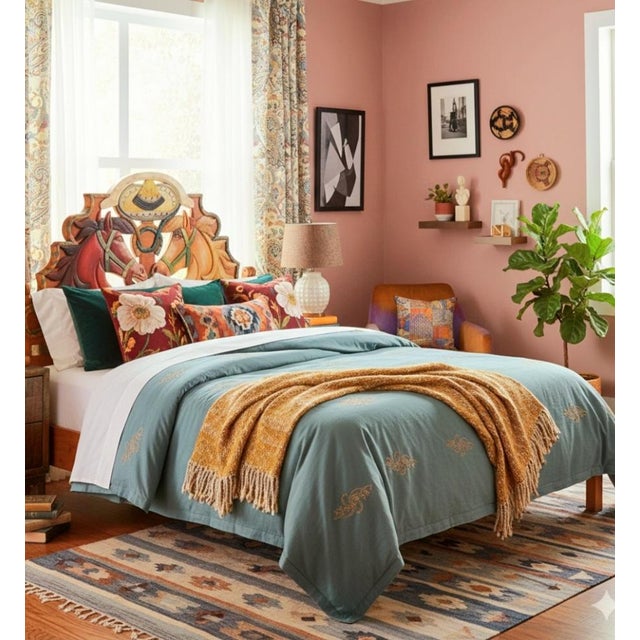 Wood Monumental Custom Made Equestrian Double Horse Head Solid Wood Painted King Size Headboard For Sale - Image 7 of 7