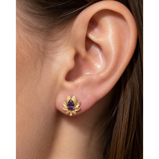 Not Yet Made - Made To Order Pear-Cut Amethyst Lutus Flower Earrings Studs, Silver, Gold, Pair For Sale - Image 5 of 7