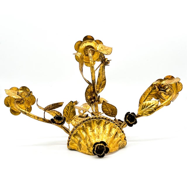 Mid 20th Century Vintage Italian Gilt Tole Floral Three Arm Wall Sconce — Hollywood Regency / Florentine For Sale - Image 5 of 12