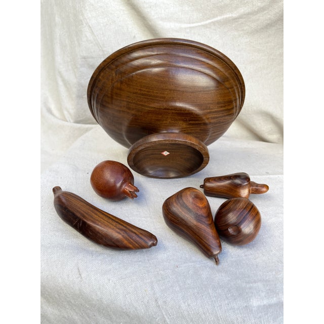 Mid-Century Modern Vintage Wood Fruit Bowl with Wood Fruit - 6 Pieces For Sale - Image 3 of 5