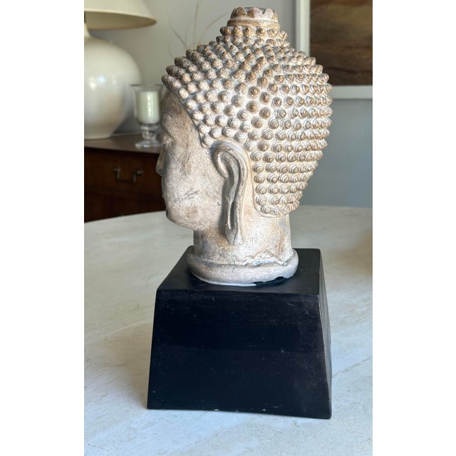 Antiqued Buddha Head Sculpture on Black Pedestal - Modern Zen Decor For Sale In San Diego - Image 6 of 8