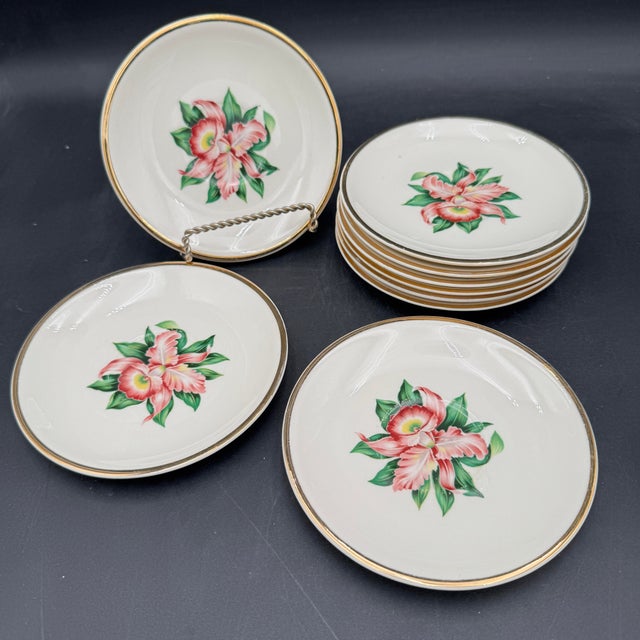 Metal Vintage Modern Orchid by Paden City Pottery 22k Gold Rim 36 Pcs For Sale - Image 7 of 12