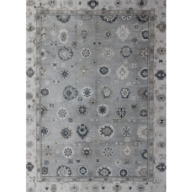 Traditional Turkish Oushak Rug in Gray, Blue and Neutral Color Palette in All-Over Flower Design For Sale - Image 3 of 13