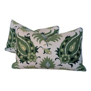 Brunschwig & Fils Kashmiri in Leaf/Aloe with Schumacher Green Hickox Back 16"x24" Lumbar Pillows - a Pair For Sale