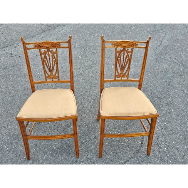 Tan Set of Four Edwardian Satinwood Inlaid Side Chairs For Sale - Image 8 of 11