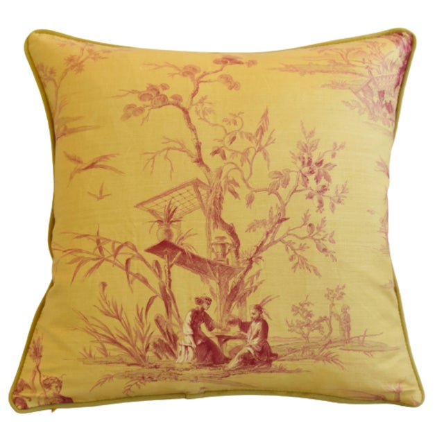 Custom-tailored pillow in Old World Weavers Stark fabric called "Voyage en Chine" depicting a wonderful toile chinoiserie...