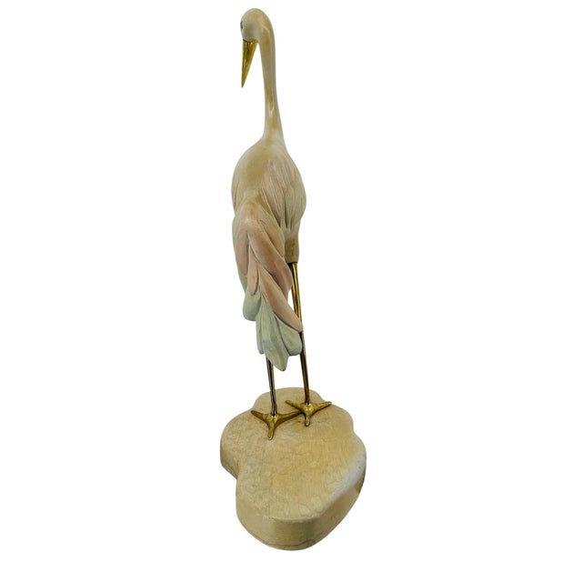 Mid-Century Modern Large Vintage 1970s Carved Wood Brass Crane Heron Egret Statue 28.5" MCM Hollywood Regency Coastal Decor For Sale - Image 3 of 12
