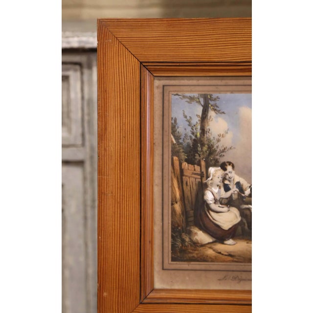 Mid 19th Century French Watercolor Pictures Under Glass in Pine Frame For Sale - Image 9 of 11