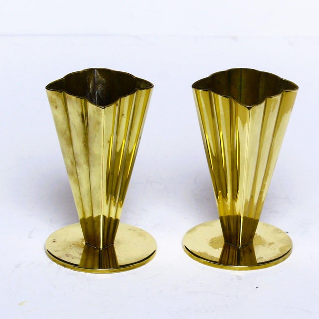 Scandinavian Modern Squared and Fluted Brass Vase by Gunnar Ander for Ystad-Metall, 1960s, Set of 2 For Sale - Image 10 of 10