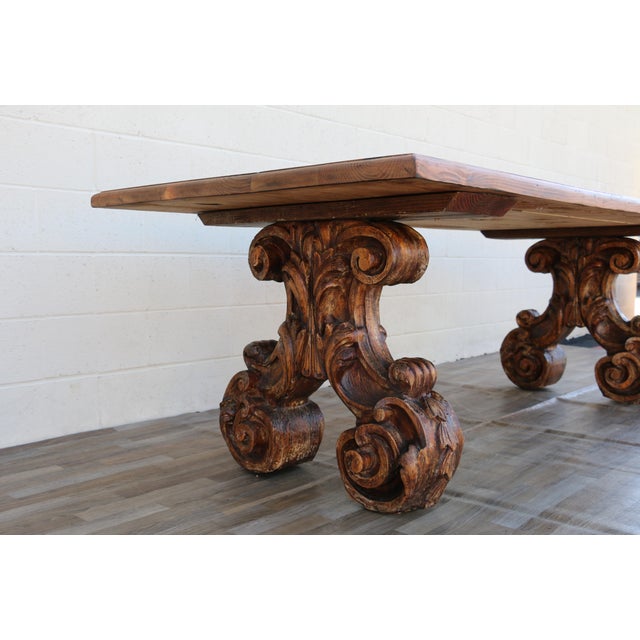 Brown Vintage 1980s Custom French Style Solid Cedar Dining Table With Ornately Carved Pedestal Bases For Sale - Image 8 of 18