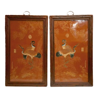 A Matched Pair of Chinese Framed Porcelain Plaques of Red Crowned Cranes For Sale