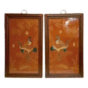 A Matched Pair of Chinese Framed Porcelain Plaques of Red Crowned Cranes