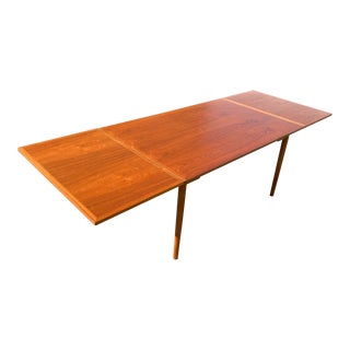 Refinished Mid Century 1960s Danish Teak Wood Extendable Dining Table with 2 Attached Leaves For Sale