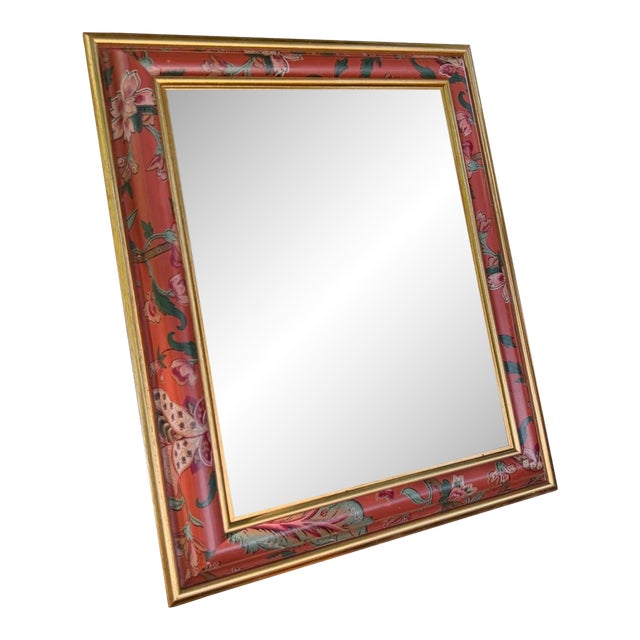 Vintage Chinoiserie Hand-Painted Wooden Beveled Wall Mirror For Sale