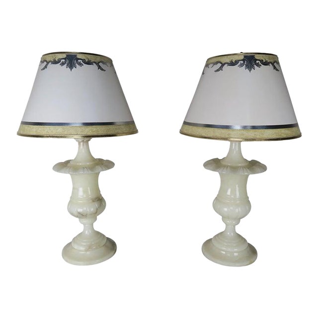 Cream Alabaster Urn Shaped Lamps With Hand Painted Parchment Shades, Pair For Sale