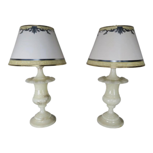 Cream Alabaster Urn Shaped Lamps With Hand Painted Parchment Shades, Pair