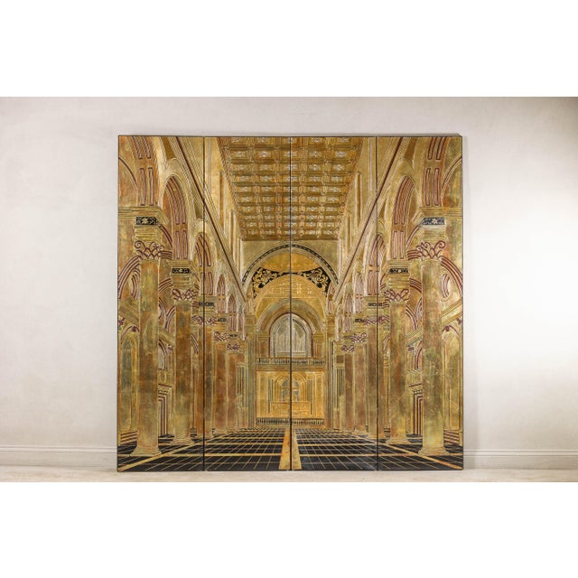 Renaissance Renaissance-Inspired 4-Panel Gilded Screen with Raised Architectural Design For Sale - Image 3 of 12