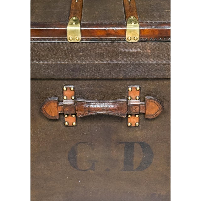 Wood French Leather and Brass Bound Steamer Trunk - À La Malle Édison, Paris For Sale - Image 7 of 15