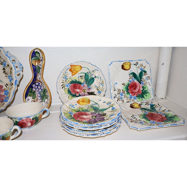 Majolica 15 Piece Signed Deruta Italian Majolica Floral Collection, Hand Painted l'Antica and Fratelli Mari Maiolica Tea and Dessert Set, Mediterranean Decor For Sale - Image 4 of 10