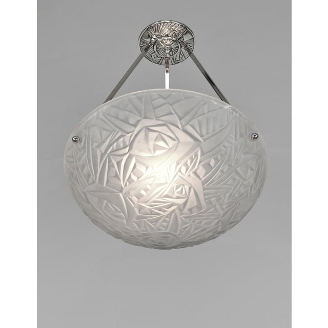 Art Deco French Art Deco Pendant Light by Noverdy 1930s - Floral Frosted Glass & Nickeled Bronze For Sale - Image 3 of 10