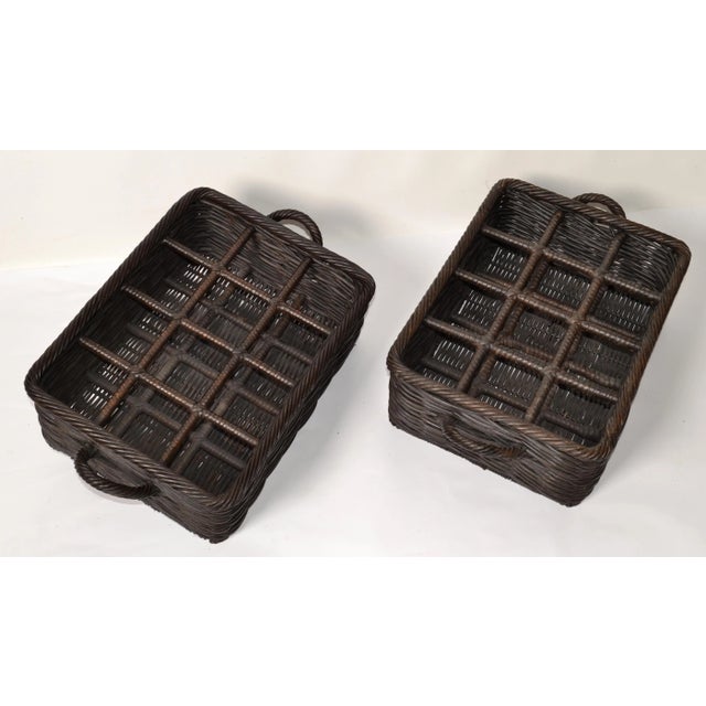 Pair of Boho Chic Wicker Twig Cane 12-Bottles Wine Basket Tray Barware Walnut Finish For Sale - Image 12 of 12