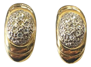 Vintage Gold Tone W/Shimmering Glass Diamonds Clips Earrings