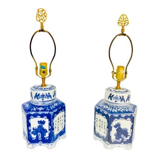 Blue and White Chinese Porcelain Tea Canisters Table Lamps - a Pair For Sale