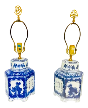 Blue and White Chinese Porcelain Tea Canisters Table Lamps - a Pair
