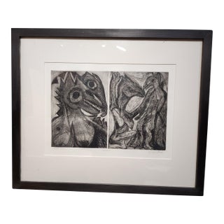 1990s J. Anne Black Brutalist Original Pencil Drawing Titled "Stare Proof Animals" For Sale
