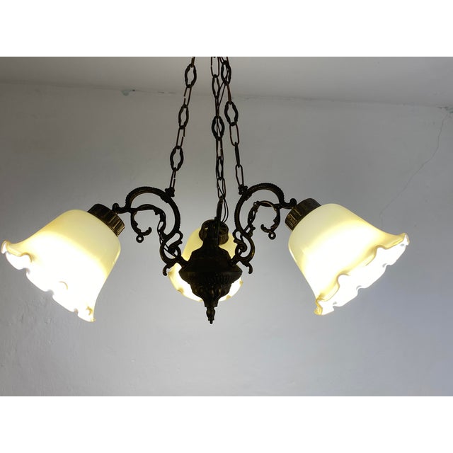 Vintage Art Nouveau Revival Three-Light Chandelier with Opaline Glass Shades, Yugoslavia, 1960s For Sale - Image 9 of 12