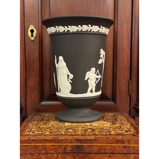 Ceramic 1970s Wedgwood Jasperware Black Footed Pedestal Vase With Classical Scene With Cherubs For Sale - Image 7 of 9