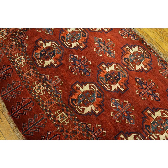 1880s Red Geometric Antique Turkman Ersari Beshir Rug 3'2" X 4'11" Handknotted Wool Carpet For Sale - Image 18 of 18