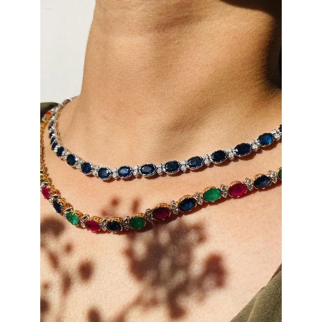 Blue Sapphire Royal Necklace in 18k White Gold With Diamonds- 34.5 Ct & 16 Inch For Sale - Image 9 of 14