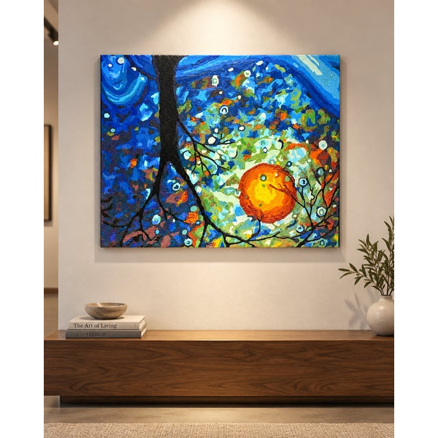 Description: A vivid abstract canvas featuring a dynamic composition of cobalt blue, aqua, green, orange, yellow, and...