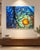 Description: A vivid abstract canvas featuring a dynamic composition of cobalt blue, aqua, green, orange, yellow, and...