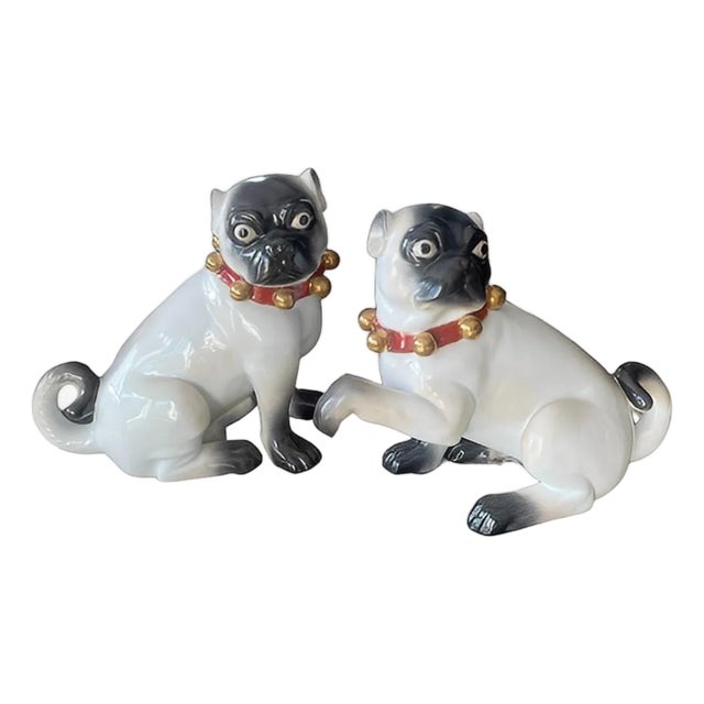 Pair of Large English Porcelain Pug Dog Figures, Early 20th Century For Sale