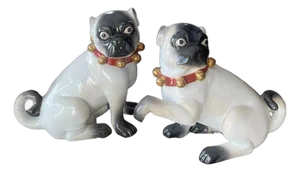 Pair of Large English Porcelain Pug Dog Figures, Early 20th Century